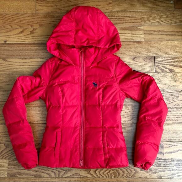 Abercrombie & Fitch Down Hooded Puffer Jacket Cherry Red Women’s Size XS - Picture 1 of 11
